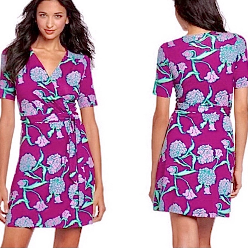 Lilly Pulitzer Arina Hollyhock Wrap Mini Dress Floral Print XS Purple Pink